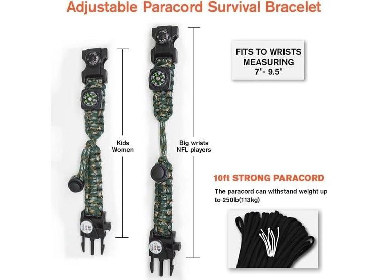 BRAZALETE SUPERVIVENCIA 20 EN 1 CON LUZ LED SOS, ARRANCADOR DE FUEGO, BRÚJULA GRANDE Y SILBATO PARA CAMPING Y SENDERISMO - 3