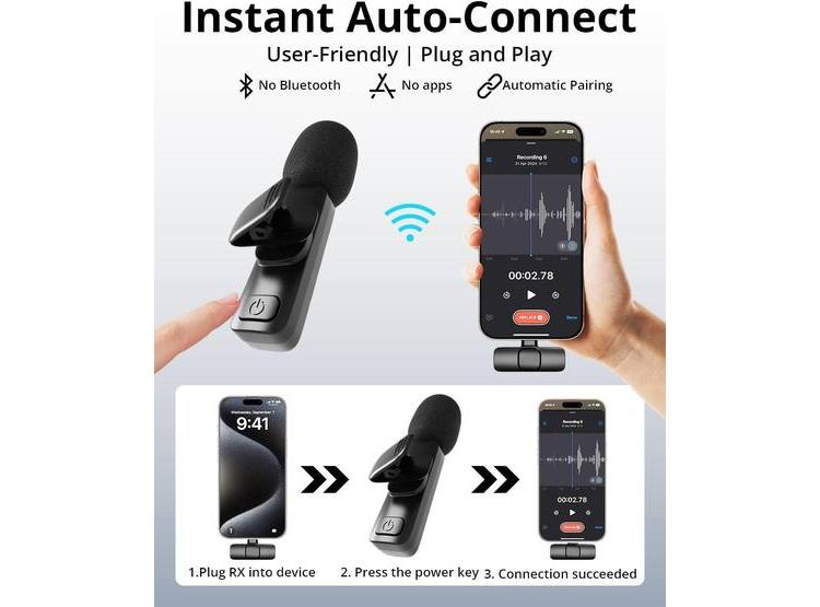 MICRÓFONO LAVALIER INALÁMBRICO PARA IPHONE, ANDROID, MINI BLUETOOTH, CANCELACIÓN DE RUIDO Y LARGA BATERÍA - 6