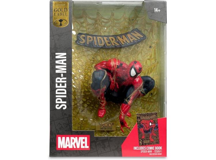 FIGURA COLECCIONABLE SPIDER-MAN DE MARVEL EDICIÓN DORADA CON BASE Y CÓMIC, DISEÑADA POR MCFARLANE TOYS - 10