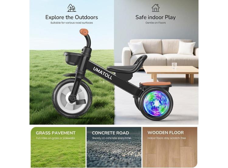 TRICICLO PARA NIÑOS UMATOLL AJUSTABLE, RUEDAS CON LUCES Y CESTAS DOBLES - 8