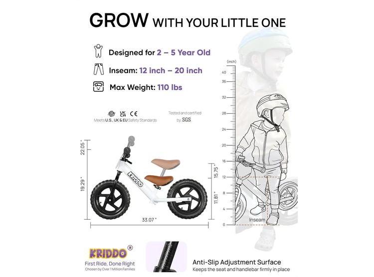 BICICLETA DE EQUILIBRIO KRIDDO AJUSTABLE, PARA NIÑOS DE 2 A 5 AÑOS, CON PLACA PERSONALIZABLE Y NEUMÁTICOS DURADEROS - 2