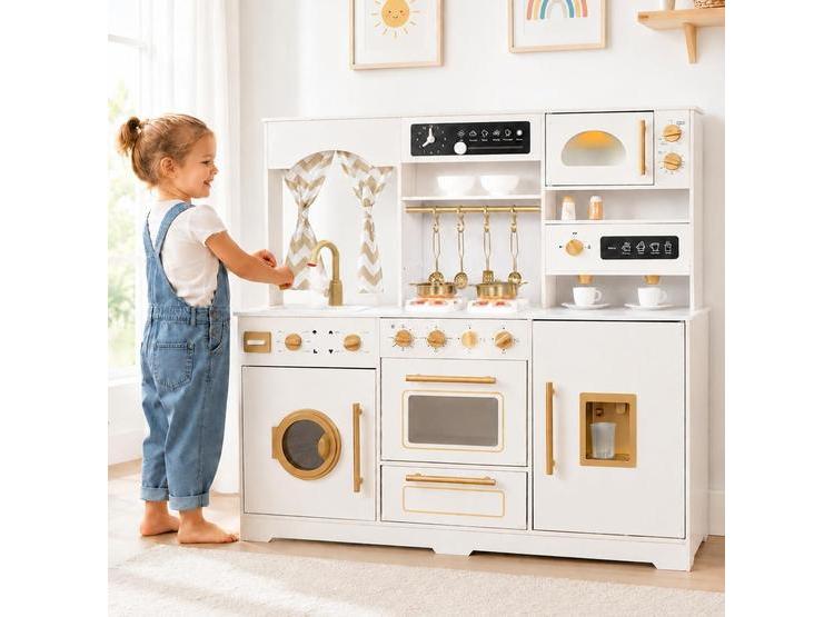 COCINA DE MADERA INFANTIL CON ACCESORIOS COMO MÁQUINA DE HIELO, DISPENSADOR Y CAFETERA, DE BUOYANTKIDS - 1