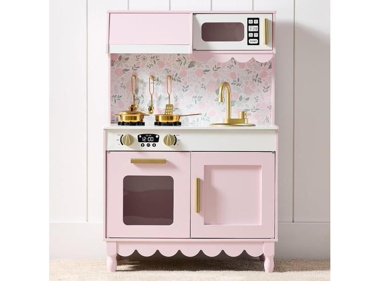 COCINA DE JUGUETE DE MADERA, DISEÑO DE CABAÑA, ALMACENAMIENTO, 5 ACCESORIOS, MICROONDAS Y HORNO INCLUIDOS, ROSA - 1