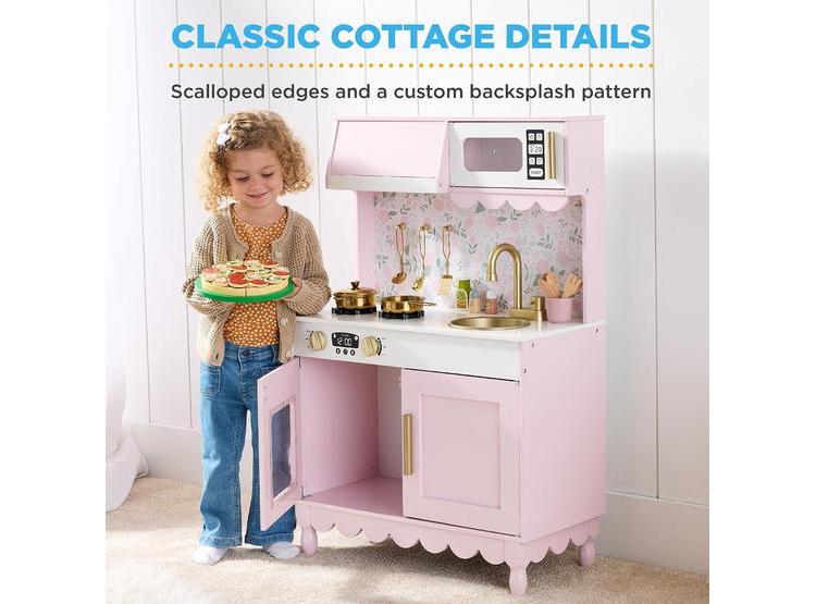 COCINA DE JUGUETE DE MADERA, DISEÑO DE CABAÑA, ALMACENAMIENTO, 5 ACCESORIOS, MICROONDAS Y HORNO INCLUIDOS, ROSA - 2