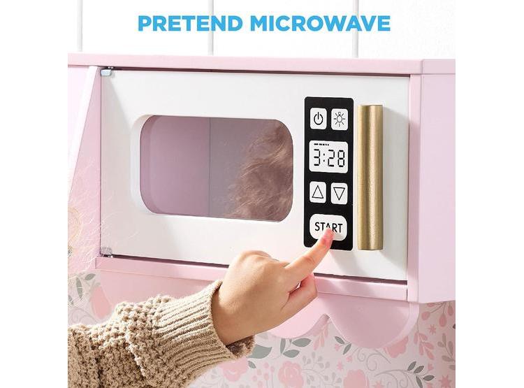 COCINA DE JUGUETE DE MADERA, DISEÑO DE CABAÑA, ALMACENAMIENTO, 5 ACCESORIOS, MICROONDAS Y HORNO INCLUIDOS, ROSA - 4