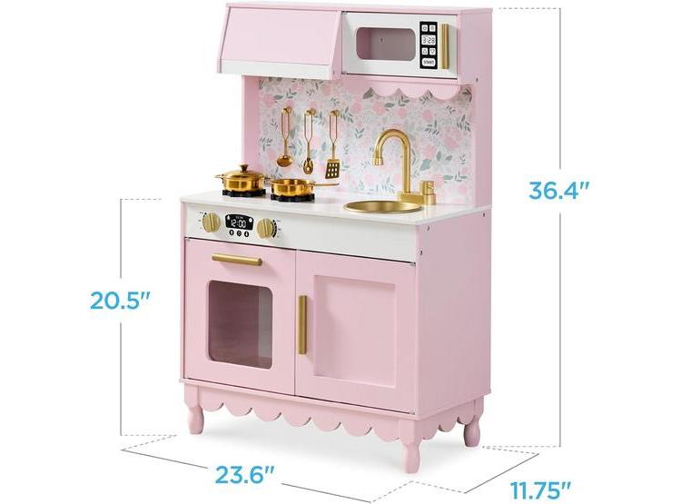 COCINA DE JUGUETE DE MADERA, DISEÑO DE CABAÑA, ALMACENAMIENTO, 5 ACCESORIOS, MICROONDAS Y HORNO INCLUIDOS, ROSA - 8