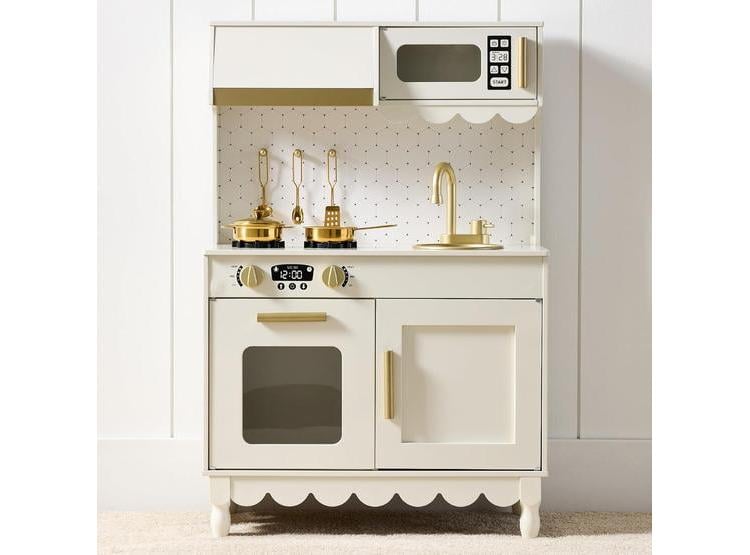 COCINA DE JUGUETE DE MADERA PARA NIÑOS, INCLUYE ALMACENAMIENTO, MICROONDAS, HORNO, PERILLAS INTERACTIVAS Y ACCESORIOS - 1
