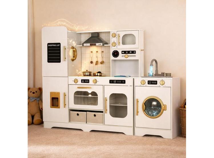 COCINA INTERACTIVA DE MADERA PARA NIÑOS CON FREGADERO, LUCES, SONIDO Y JUGUETES DE COCINA EXTRAGRANDE - 1