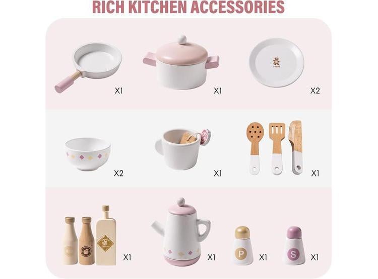 ROBUD JUEGO DE COCINA PARA NIÑOS, ACCESORIOS REALISTAS DE MADERA, ESTILO MODERNO, REGALO PARA NIÑAS Y NIÑOS, ROSA - 5