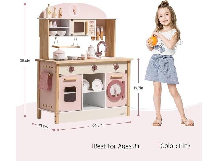 ROBUD JUEGO DE COCINA PARA NIÑOS, ACCESORIOS REALISTAS DE MADERA, ESTILO MODERNO, REGALO PARA NIÑAS Y NIÑOS, ROSA - 6