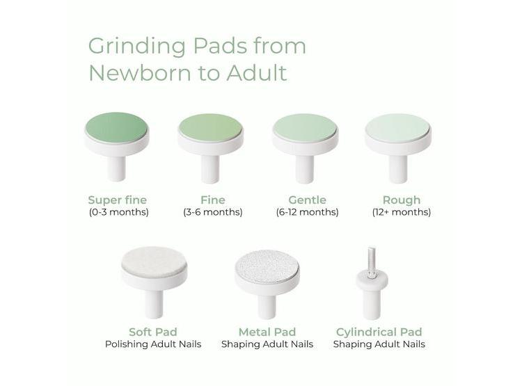 LIMA ELÉCTRICA PARA UÑAS DE BEBÉ MOMCOZY CON LUZ LED Y 7 ALMOHADILLAS DE REPUESTO PARA TODA LA FAMILIA, VERDE - 6