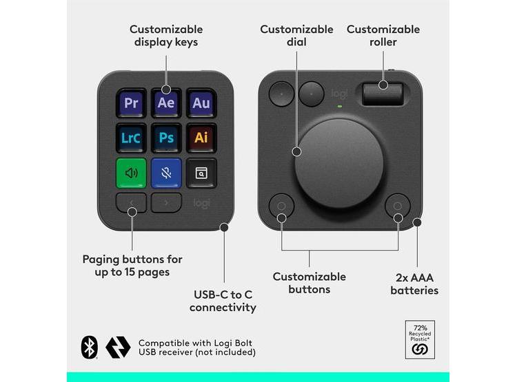 LOGITECH MX CREATIVE CONSOLE CON 9 TECLAS PERSONALIZABLES Y DIAL, INCLUYE ADOBE CLOUD 3 MESES - 6