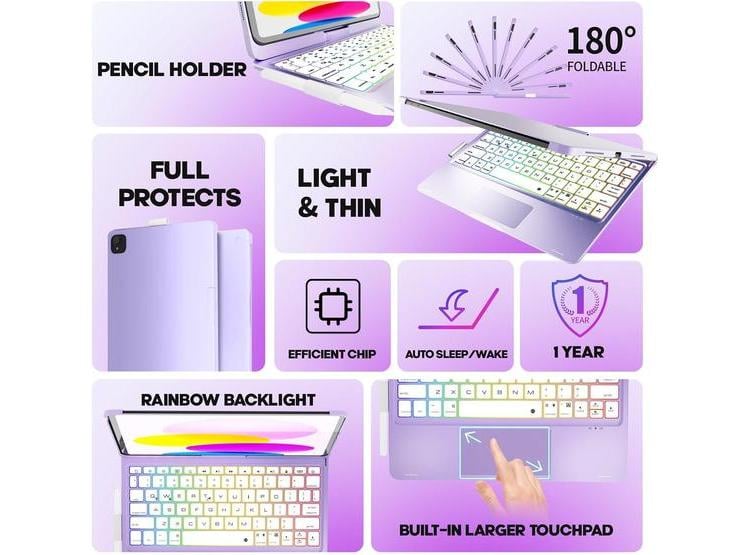 NOKBABO - FUNDA CON TECLADO INALÁMBRICO Y RETROILUMINADO PARA IPAD AIR Y PRO, COLOR PÚRPURA METÁLICO - 3