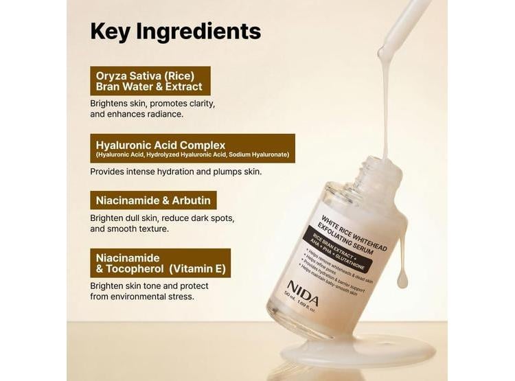 SUERO EXFOLIANTE FACIAL NIDA CON ARROZ BLANCO Y ÁCIDO HIALURÓNICO 50ML - 4