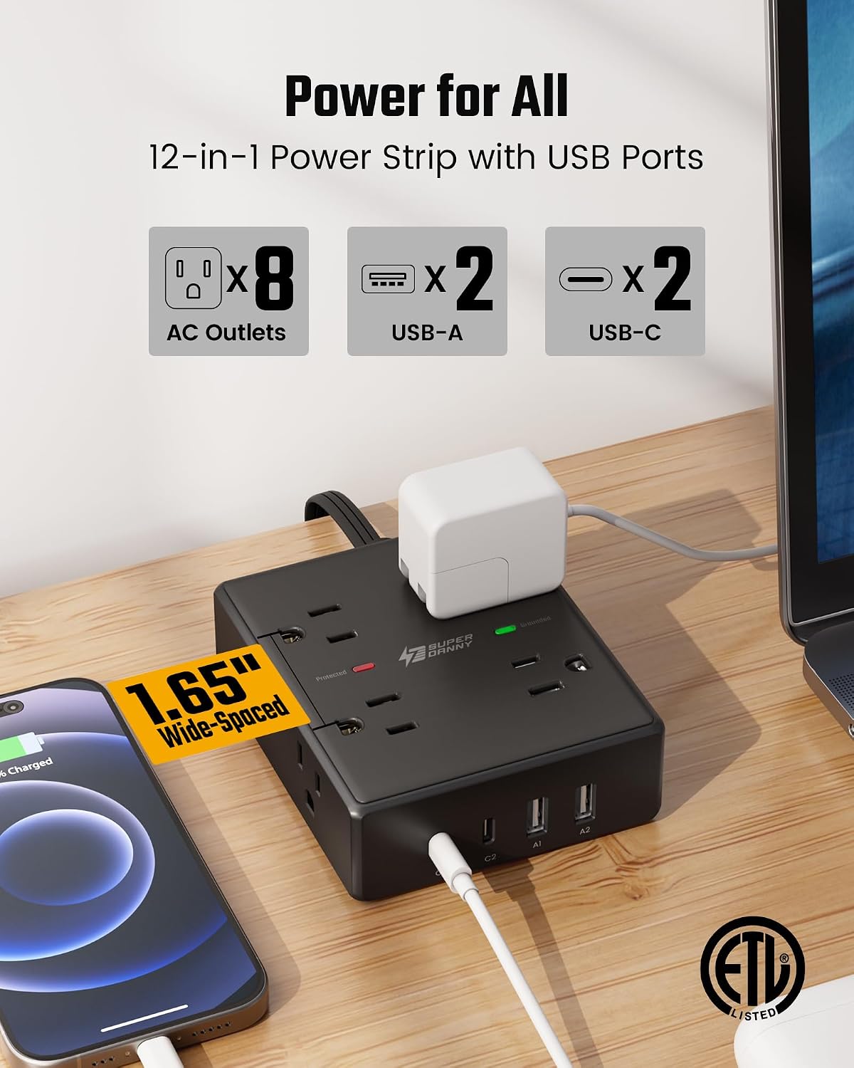 EXTENSIÓN SUPERDANNY 25 FT CON 8 TOMAS Y 4 PUERTOS USB - 3
