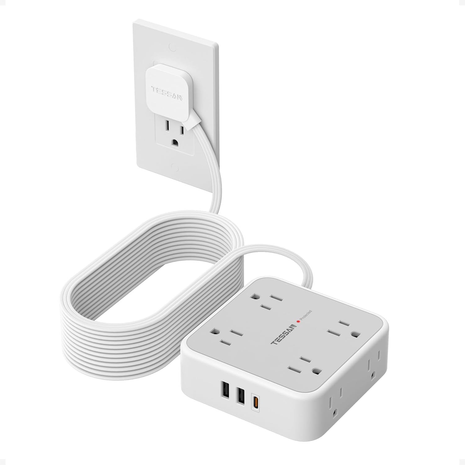 REGLETA DE PROTECCIÓN TESSAN CON 8 TOMAS AC Y 3 PUERTOS USB, CABLE DE 25 PIES, GRIS - 1