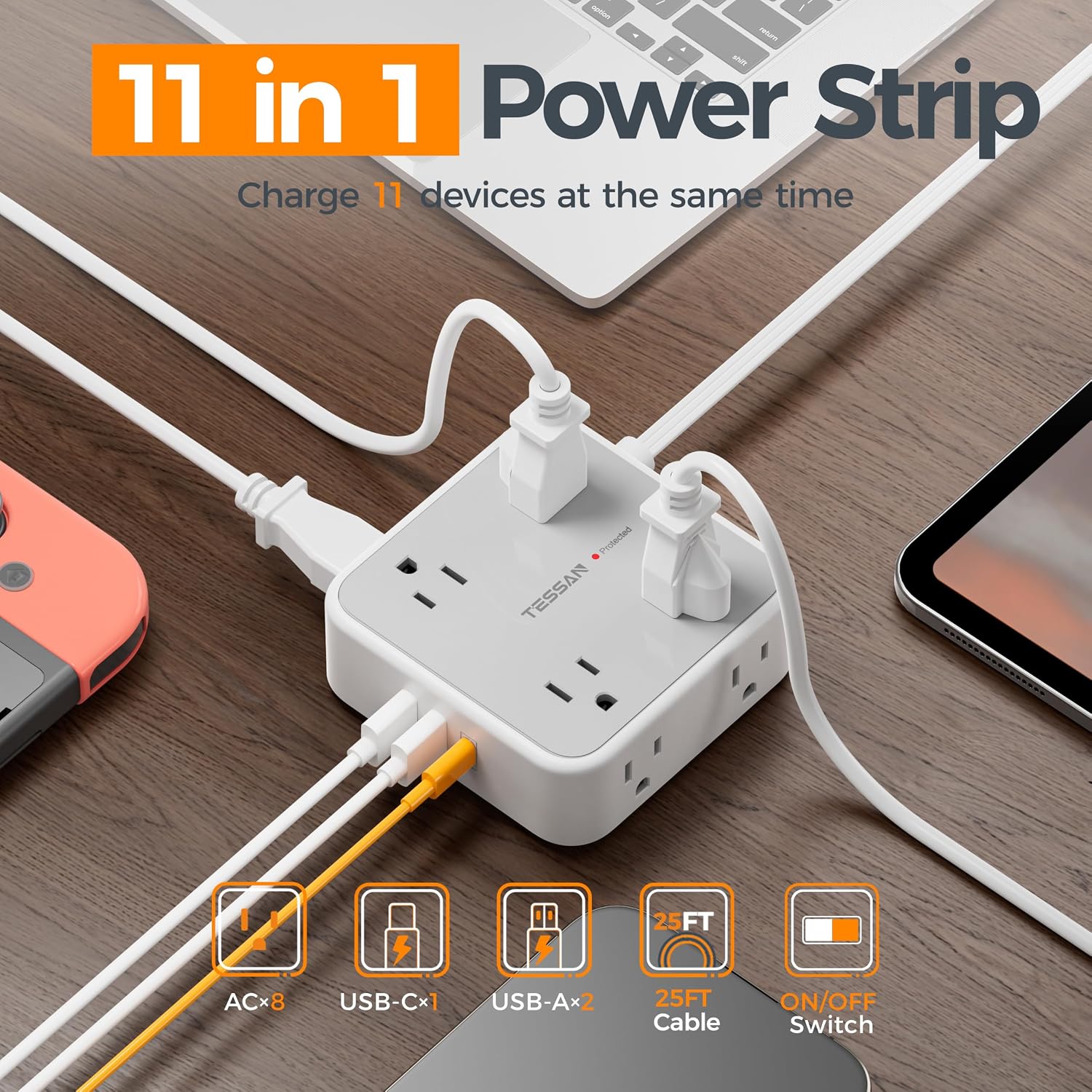 REGLETA DE PROTECCIÓN TESSAN CON 8 TOMAS AC Y 3 PUERTOS USB, CABLE DE 25 PIES, GRIS - 2