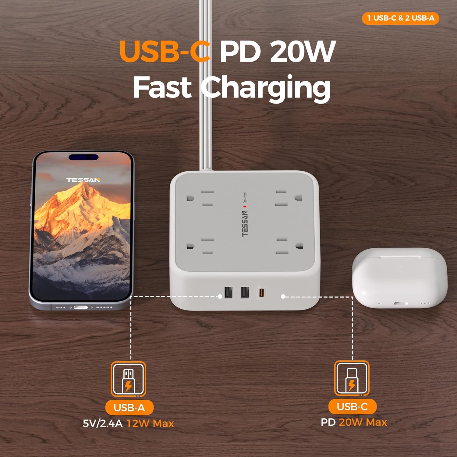 REGLETA DE PROTECCIÓN TESSAN CON 8 TOMAS AC Y 3 PUERTOS USB, CABLE DE 25 PIES, GRIS - 3