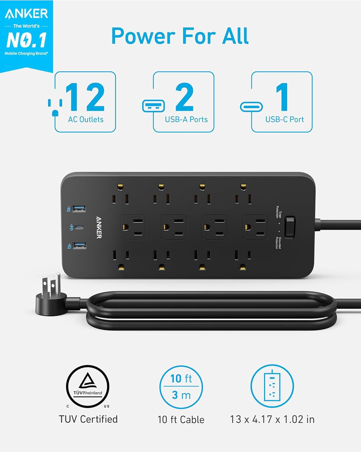 REGLETA ANKER POWER STRIP CON 12 TOMAS AC, 2 PUERTOS USB-A Y 1 PUERTO USB-C, 20W - 2