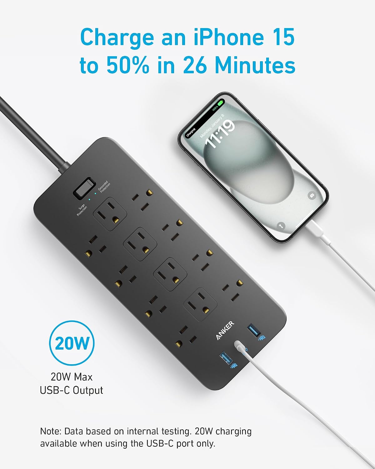 REGLETA ANKER POWER STRIP CON 12 TOMAS AC, 2 PUERTOS USB-A Y 1 PUERTO USB-C, 20W - 4