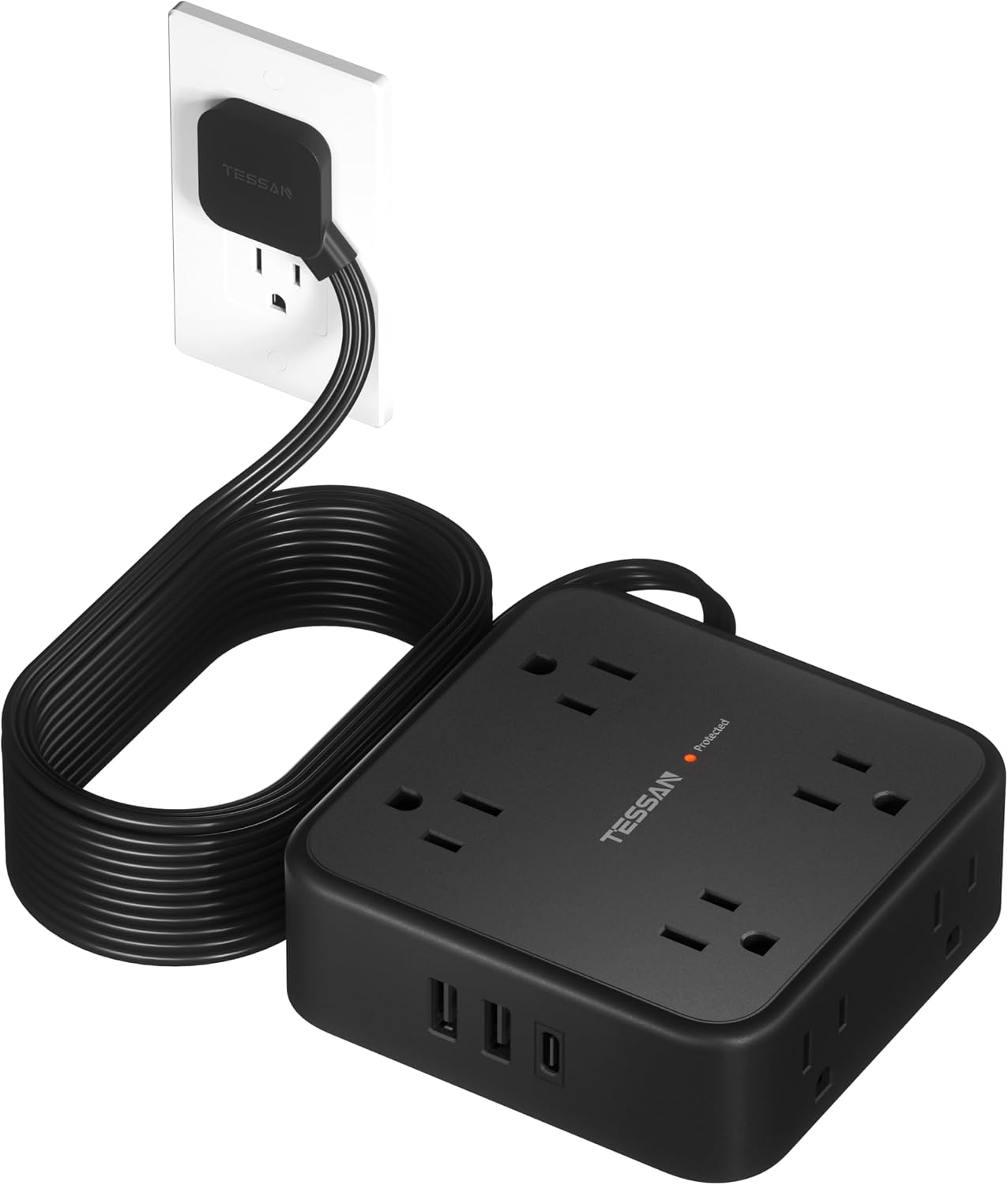 REGLETA DE PROTECCIÓN TESSAN CON 8 TOMAS Y 3 PUERTOS USB, CABLE 15 FT, NEGRO - 1