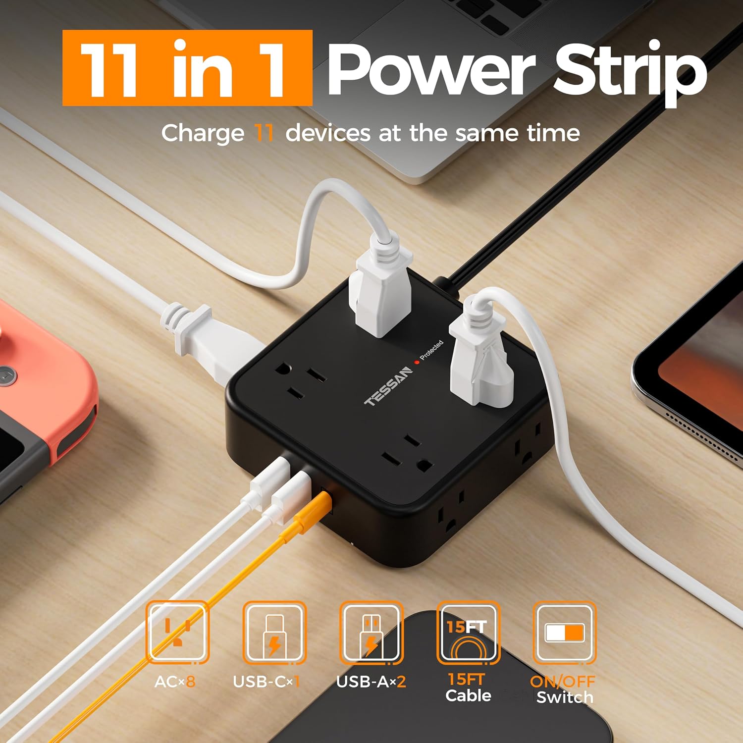 REGLETA DE PROTECCIÓN TESSAN CON 8 TOMAS Y 3 PUERTOS USB, CABLE 15 FT, NEGRO - 2