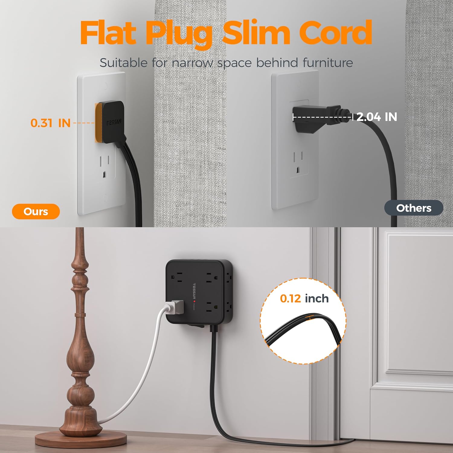 REGLETA DE PROTECCIÓN TESSAN CON 8 TOMAS Y 3 PUERTOS USB, CABLE 15 FT, NEGRO - 5