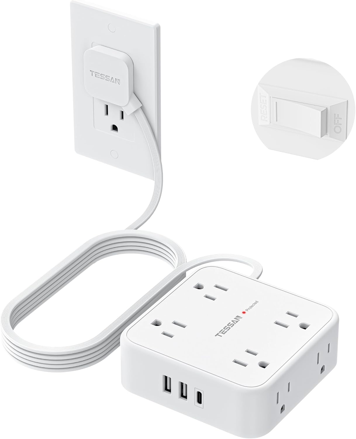 EXTENSIÓN DE CORRIENTE TESSAN CON PROTECCIÓN DE SOBRETENSIÓN 900J, 8 TOMAS, USB C Y 2 USB A, CABLE 10 PIES, BLANCO - 1