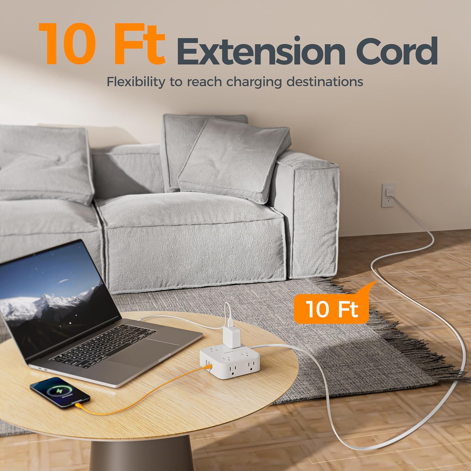 EXTENSIÓN DE CORRIENTE TESSAN CON PROTECCIÓN DE SOBRETENSIÓN 900J, 8 TOMAS, USB C Y 2 USB A, CABLE 10 PIES, BLANCO - 2