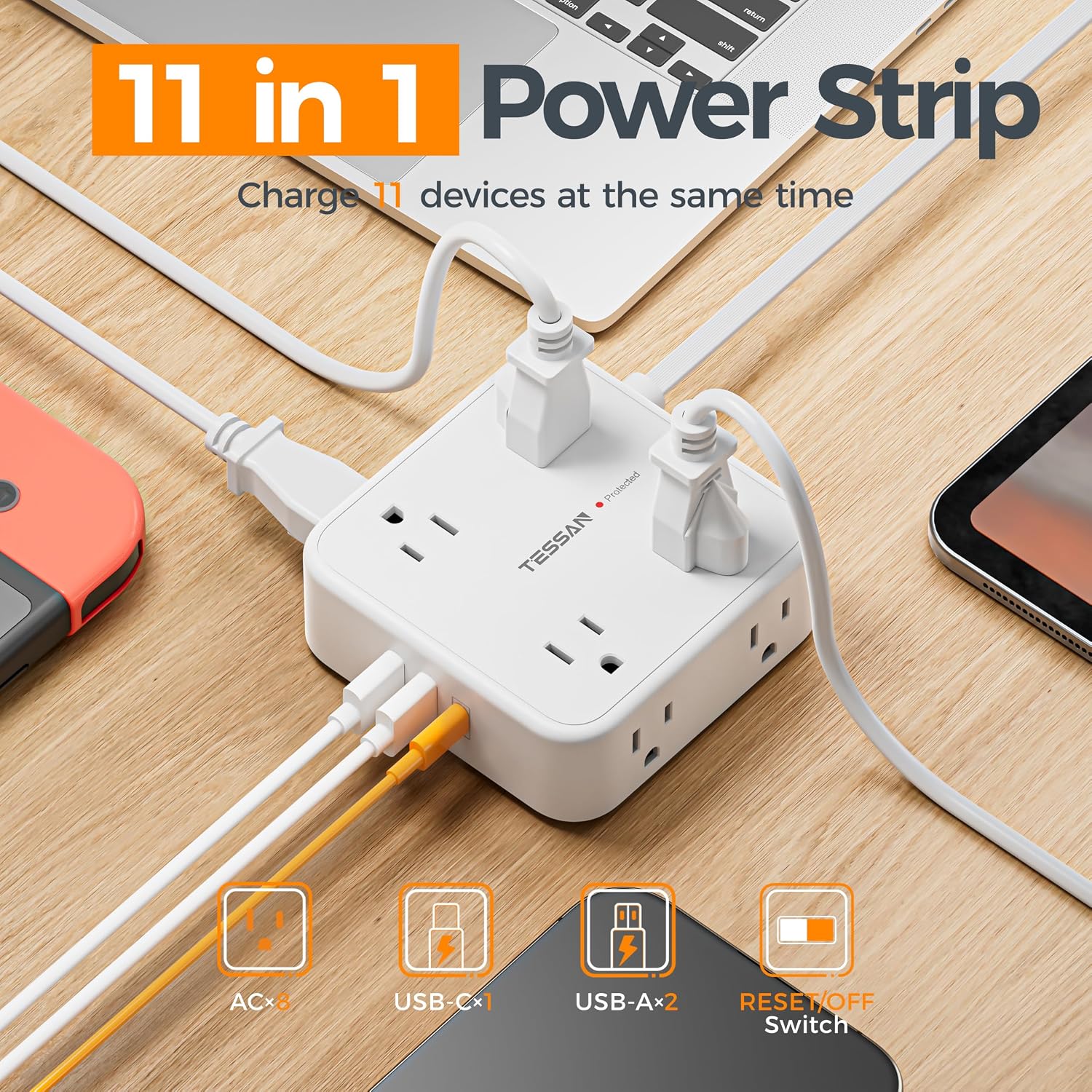 EXTENSIÓN DE CORRIENTE TESSAN CON PROTECCIÓN DE SOBRETENSIÓN 900J, 8 TOMAS, USB C Y 2 USB A, CABLE 10 PIES, BLANCO - 3