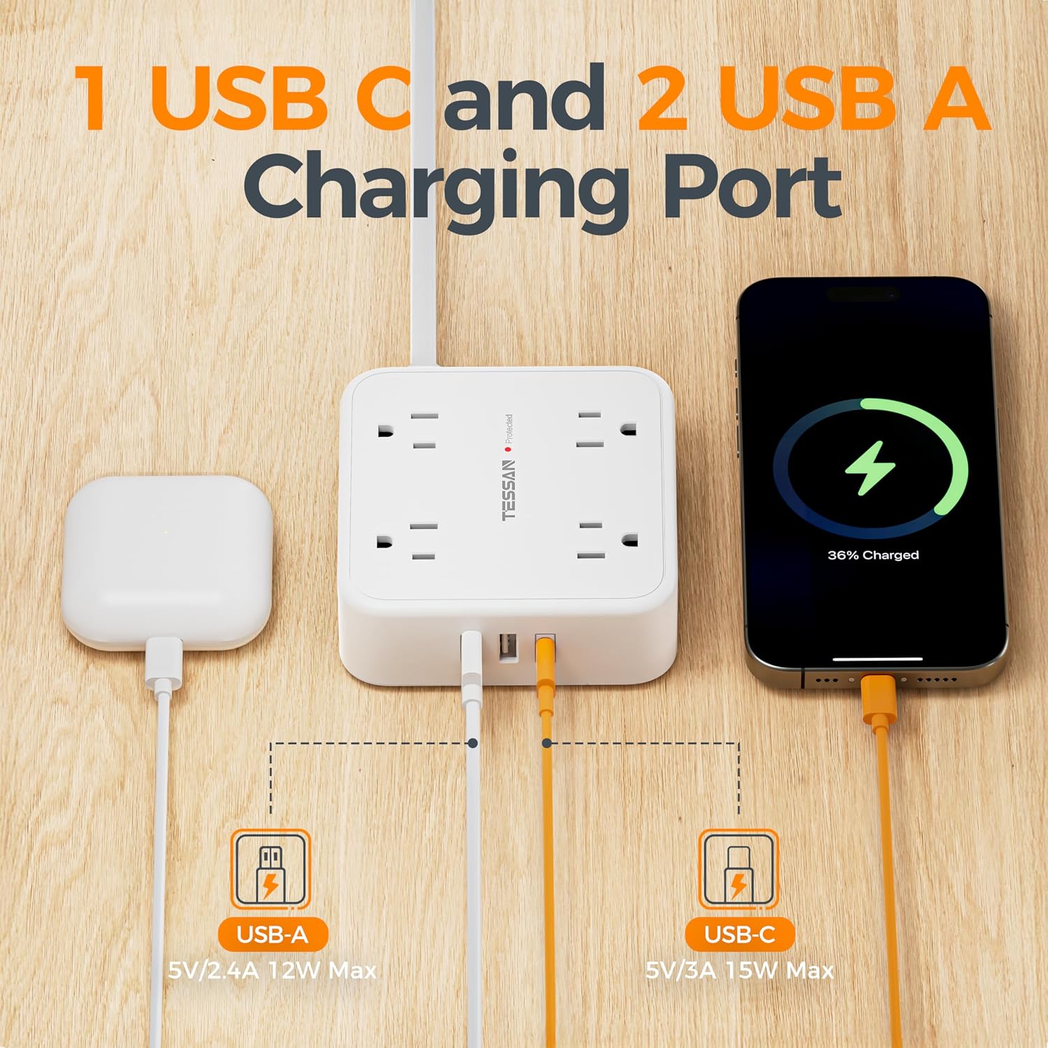 EXTENSIÓN DE CORRIENTE TESSAN CON PROTECCIÓN DE SOBRETENSIÓN 900J, 8 TOMAS, USB C Y 2 USB A, CABLE 10 PIES, BLANCO - 5