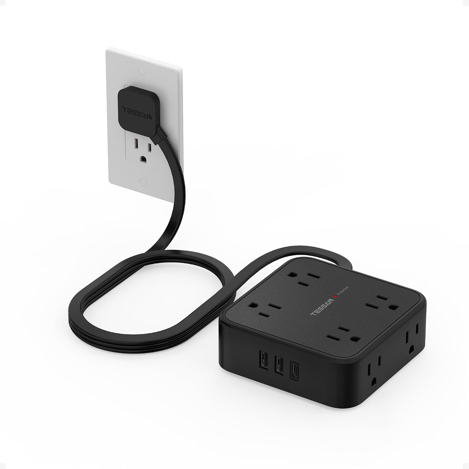 REGLETA DE PROTECCIÓN TESSAN CON 8 TOMAS Y 3 PUERTOS USB, CABLE PLANO 5 PIES, NEGRO - 1