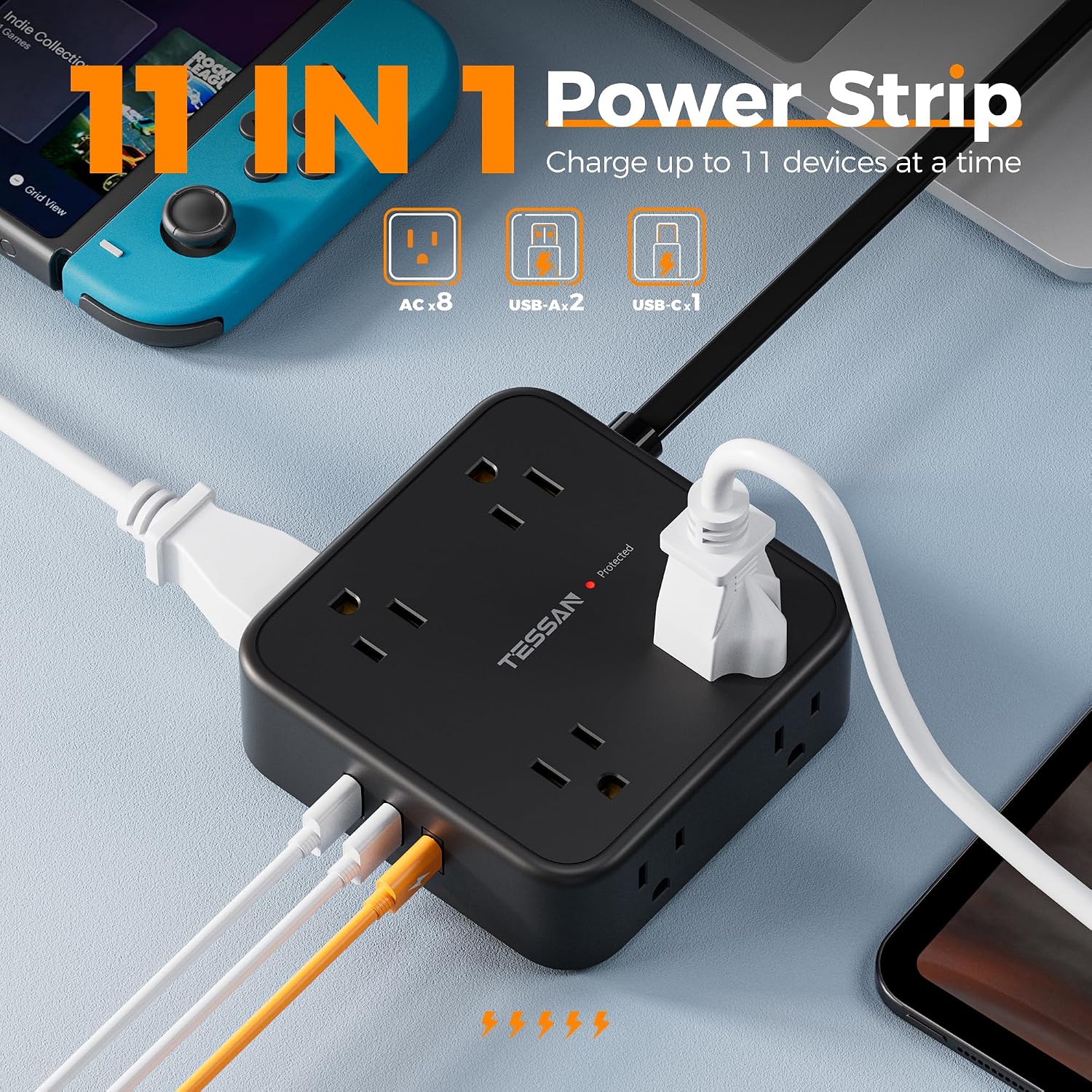 REGLETA DE PROTECCIÓN TESSAN CON 8 TOMAS Y 3 PUERTOS USB, CABLE PLANO 5 PIES, NEGRO - 2