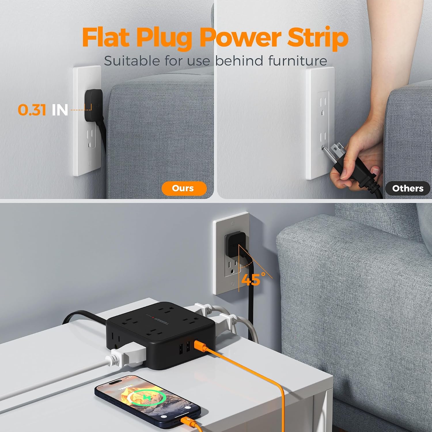 REGLETA DE PROTECCIÓN TESSAN CON 8 TOMAS Y 3 PUERTOS USB, CABLE PLANO 5 PIES, NEGRO - 3