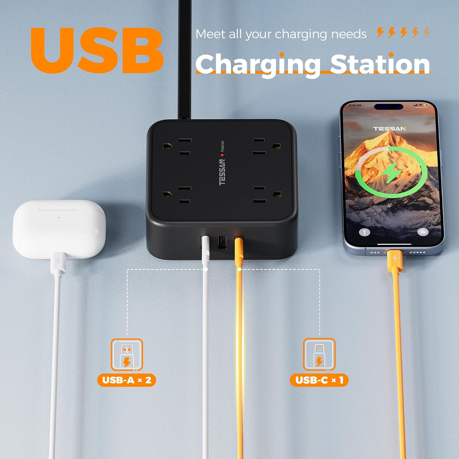 REGLETA DE PROTECCIÓN TESSAN CON 8 TOMAS Y 3 PUERTOS USB, CABLE PLANO 5 PIES, NEGRO - 5
