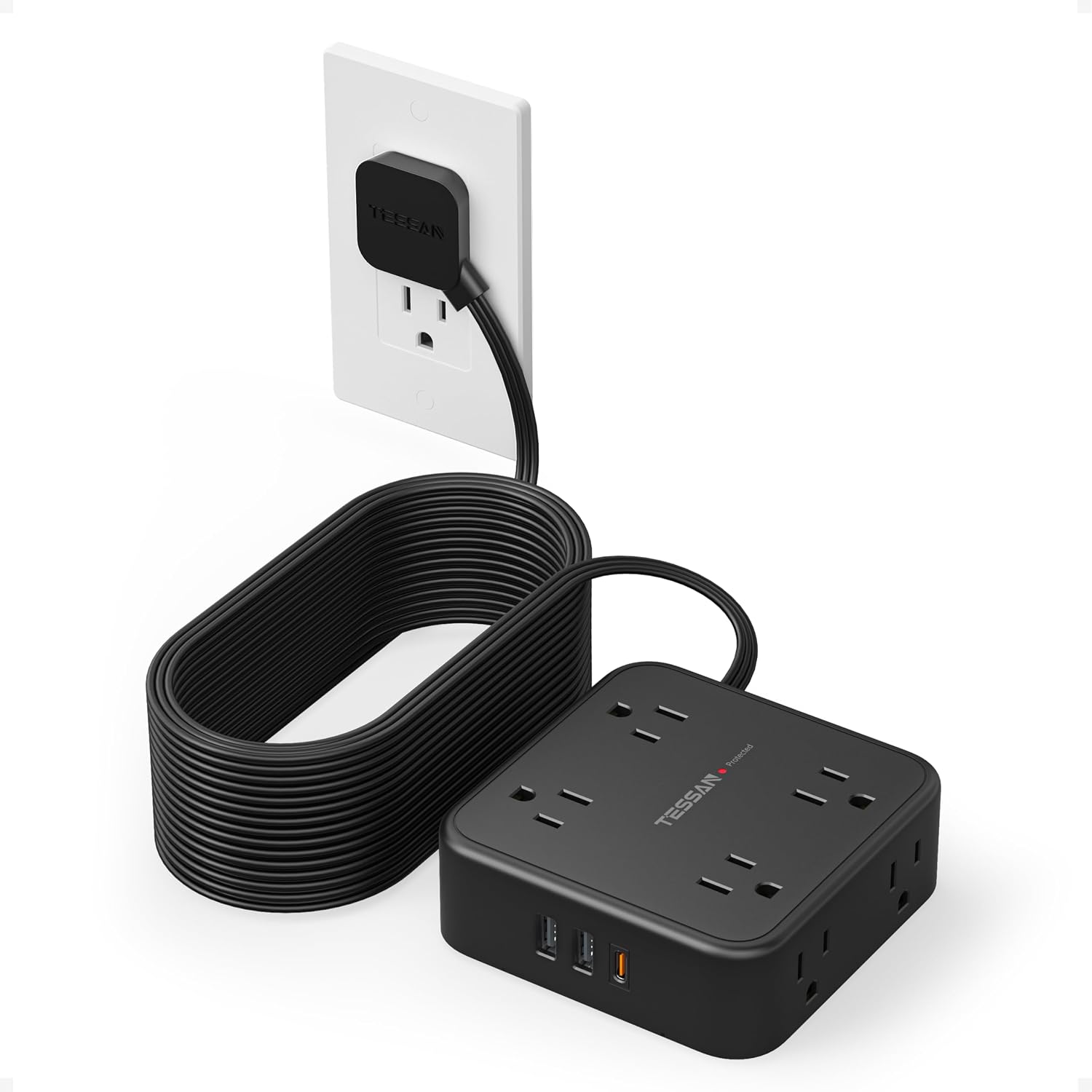 REGLETA DE PROTECCIÓN TESSAN CON 8 TOMAS, 3 PUERTOS USB Y CABLE DE 25 PIES, NEGRO - 1