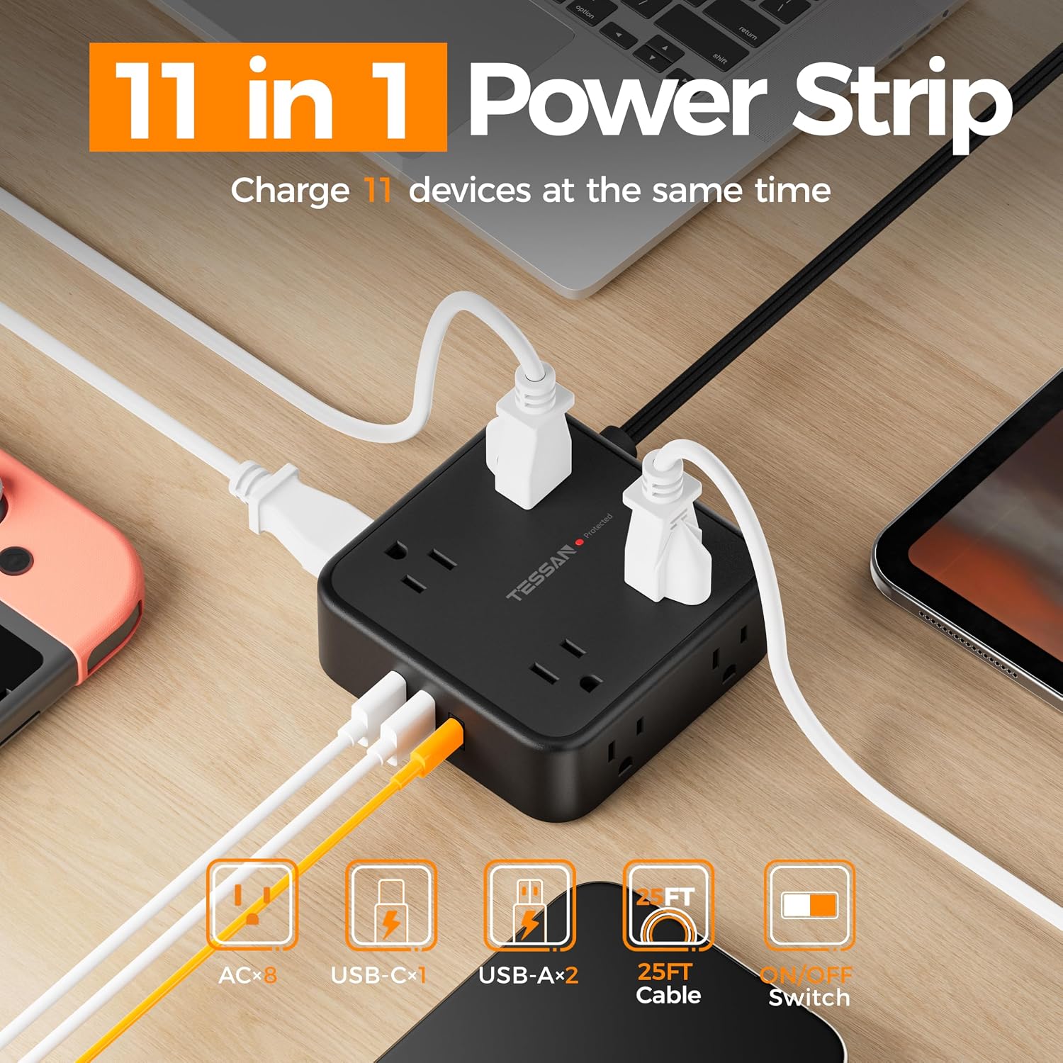 REGLETA DE PROTECCIÓN TESSAN CON 8 TOMAS, 3 PUERTOS USB Y CABLE DE 25 PIES, NEGRO - 2