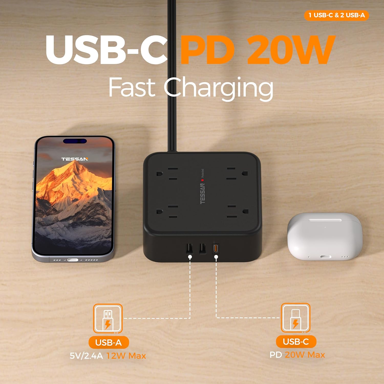 REGLETA DE PROTECCIÓN TESSAN CON 8 TOMAS, 3 PUERTOS USB Y CABLE DE 25 PIES, NEGRO - 3