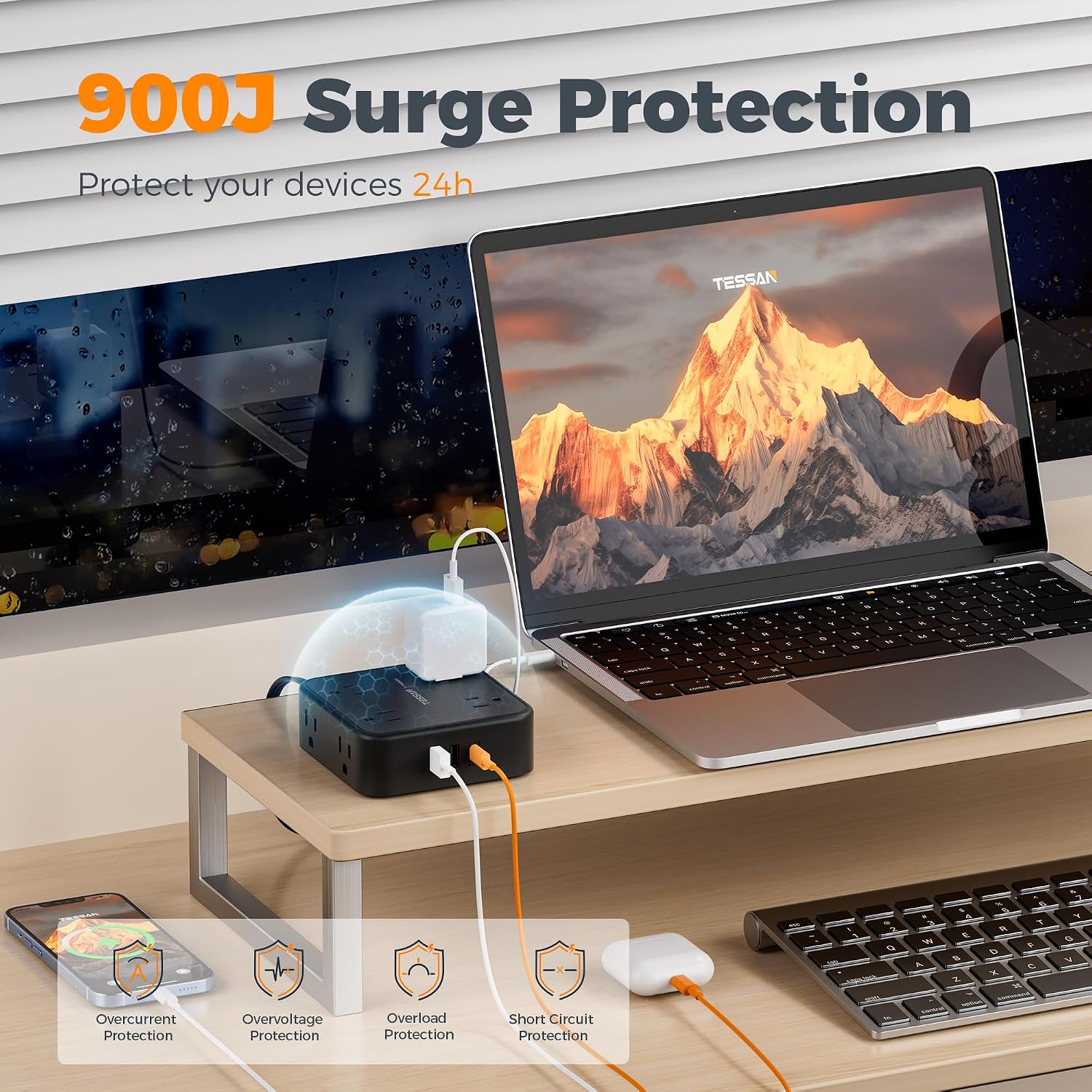 REGLETA DE PROTECCIÓN TESSAN CON 8 TOMAS, 3 PUERTOS USB Y CABLE DE 25 PIES, NEGRO - 4