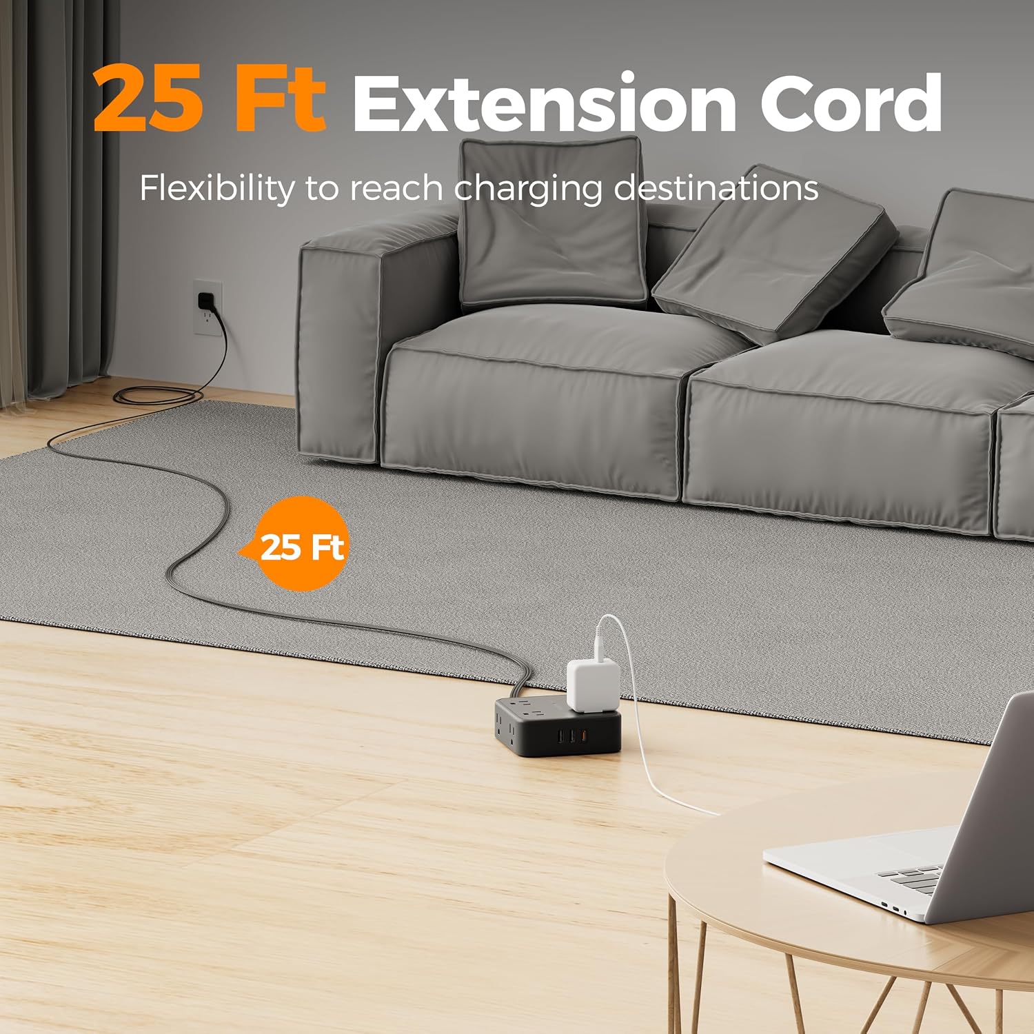 REGLETA DE PROTECCIÓN TESSAN CON 8 TOMAS, 3 PUERTOS USB Y CABLE DE 25 PIES, NEGRO - 5