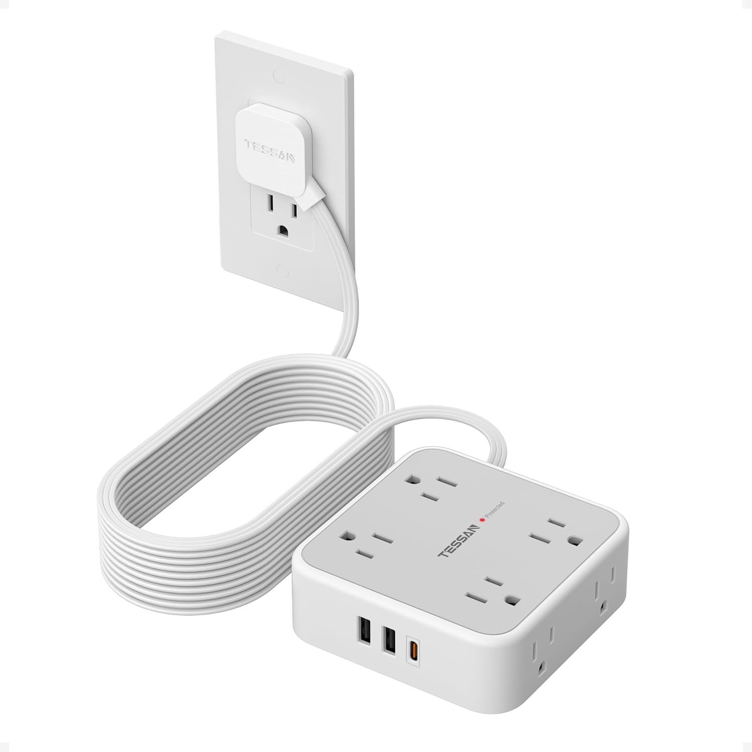REGLETA DE PROTECCIÓN TESSAN CON 8 TOMAS AC, 3 PUERTOS USB Y CABLE DE 20 PIES, GRIS - 1