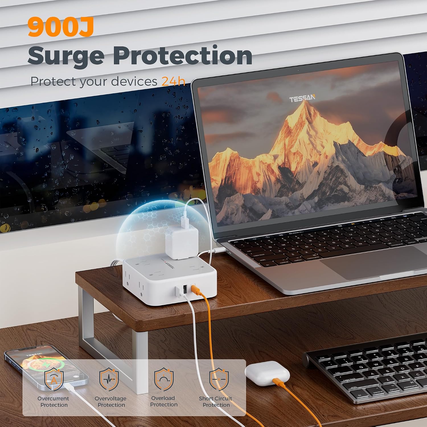 REGLETA DE PROTECCIÓN TESSAN CON 8 TOMAS AC, 3 PUERTOS USB Y CABLE DE 20 PIES, GRIS - 5