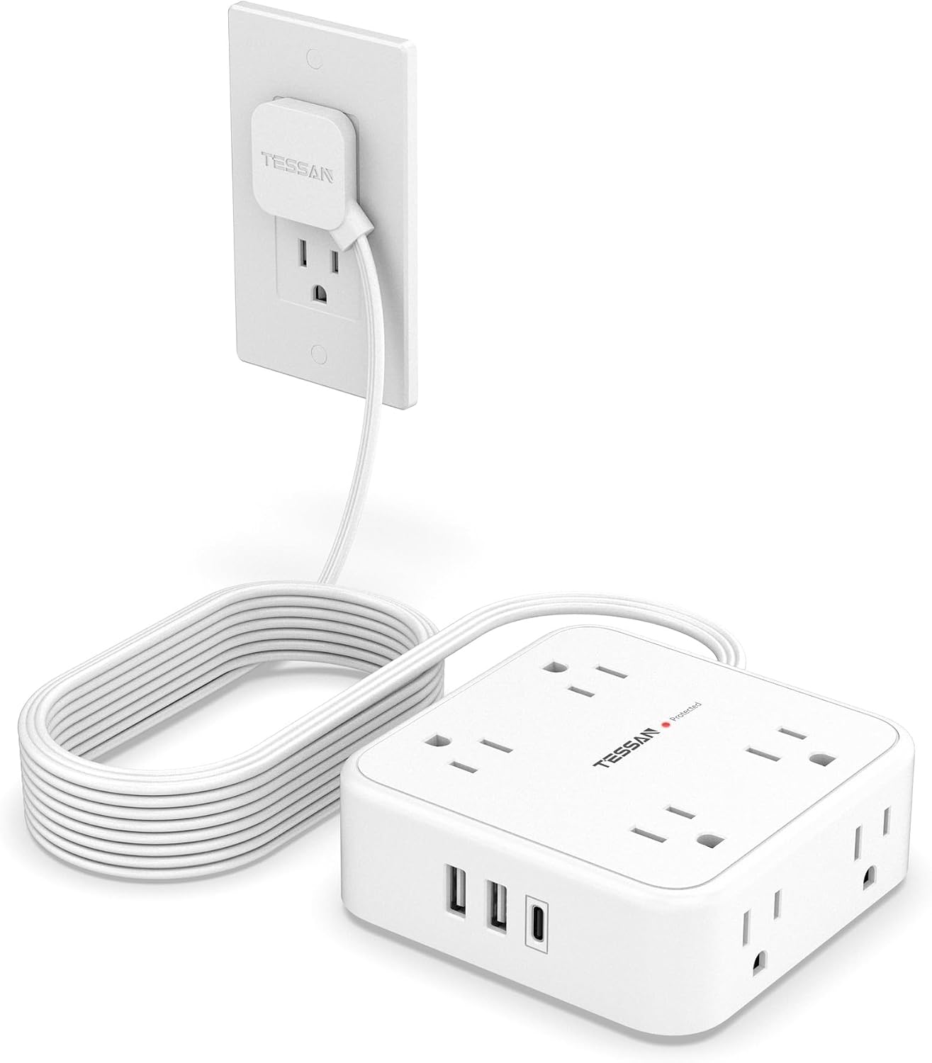 REGLETA DE PROTECCIÓN TESSAN CON 8 SALIDAS AC, 3 PUERTOS USB Y CABLE DE 15 PIES, BLANCA - 1