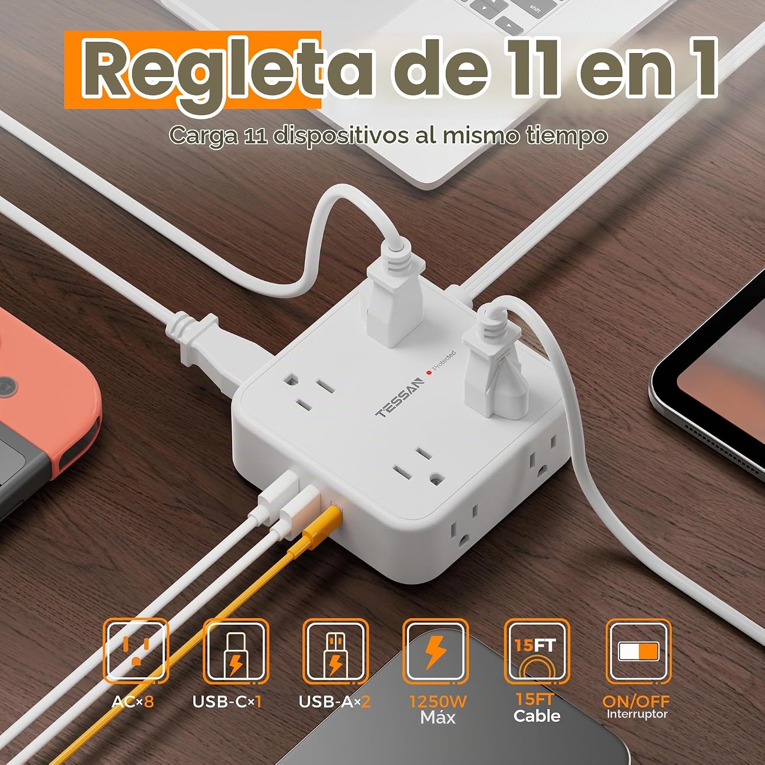 REGLETA DE PROTECCIÓN TESSAN CON 8 SALIDAS AC, 3 PUERTOS USB Y CABLE DE 15 PIES, BLANCA - 2