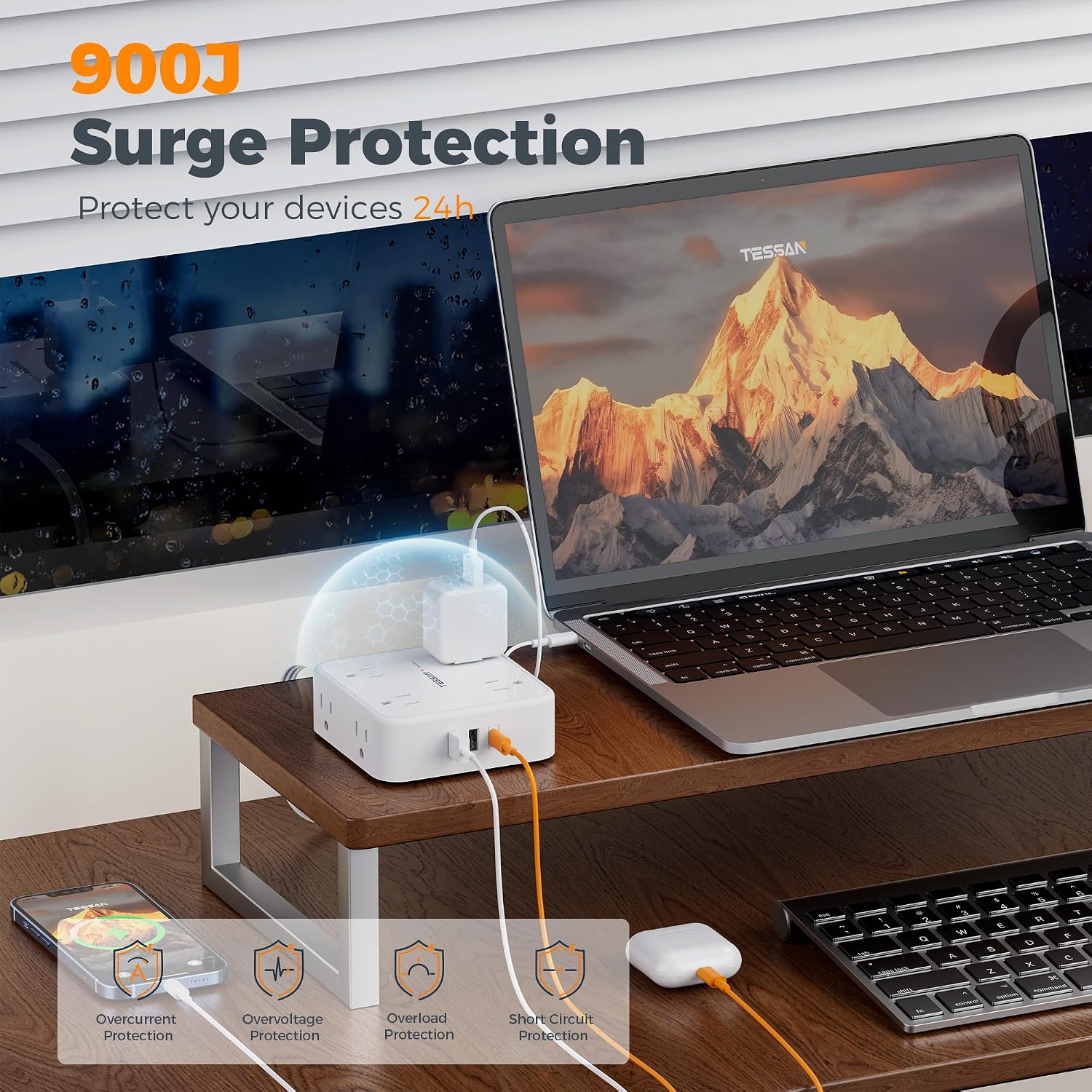 REGLETA DE PROTECCIÓN TESSAN CON 8 SALIDAS AC, 3 PUERTOS USB Y CABLE DE 15 PIES, BLANCA - 3