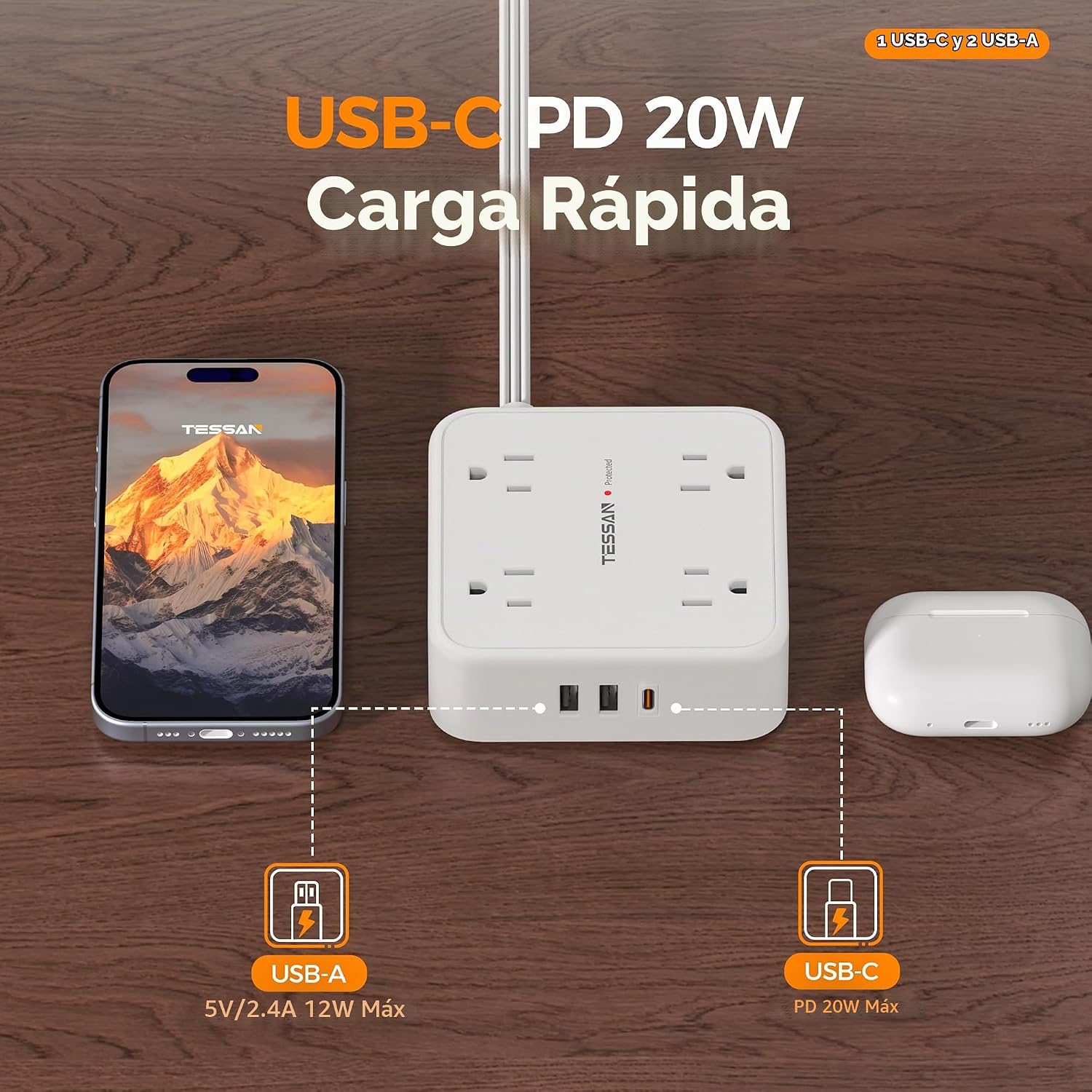 REGLETA DE PROTECCIÓN TESSAN CON 8 SALIDAS AC, 3 PUERTOS USB Y CABLE DE 15 PIES, BLANCA - 4