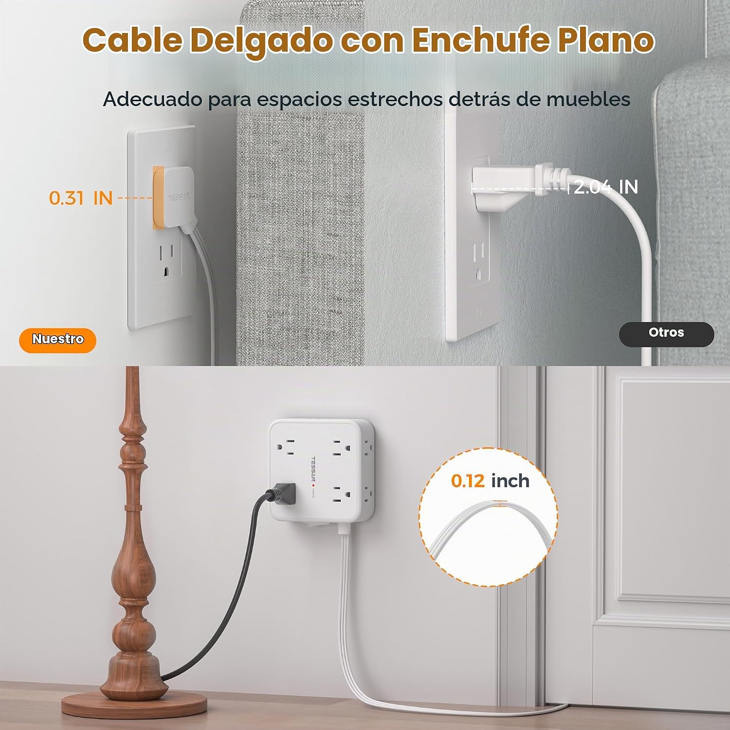 REGLETA DE PROTECCIÓN TESSAN CON 8 SALIDAS AC, 3 PUERTOS USB Y CABLE DE 15 PIES, BLANCA - 5