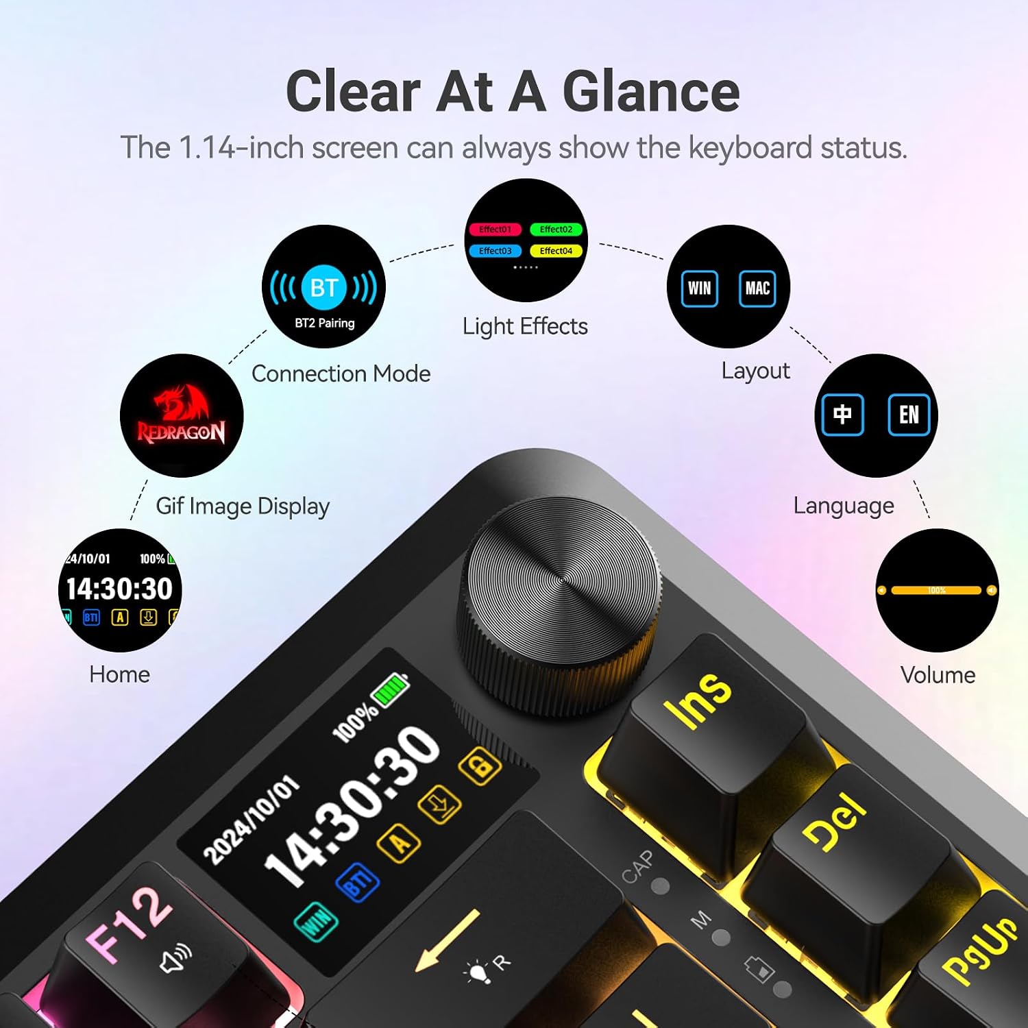 TECLADO MECÁNICO REDRAGON K708 INALÁMBRICO CON PANTALLA LCD Y PERILLA DE VOLUMEN - 2
