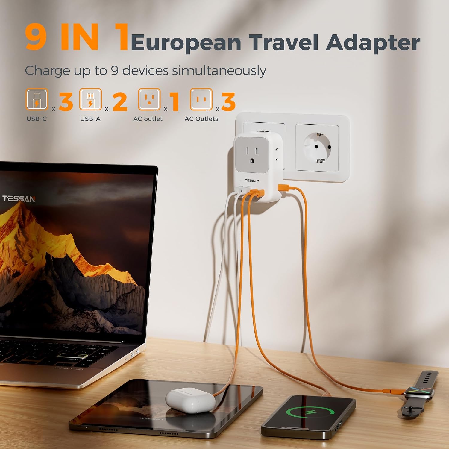 ADAPTADOR DE VIAJE EUROPEO TESSAN TYPE C CON 5 PUERTOS USB 28W - 3