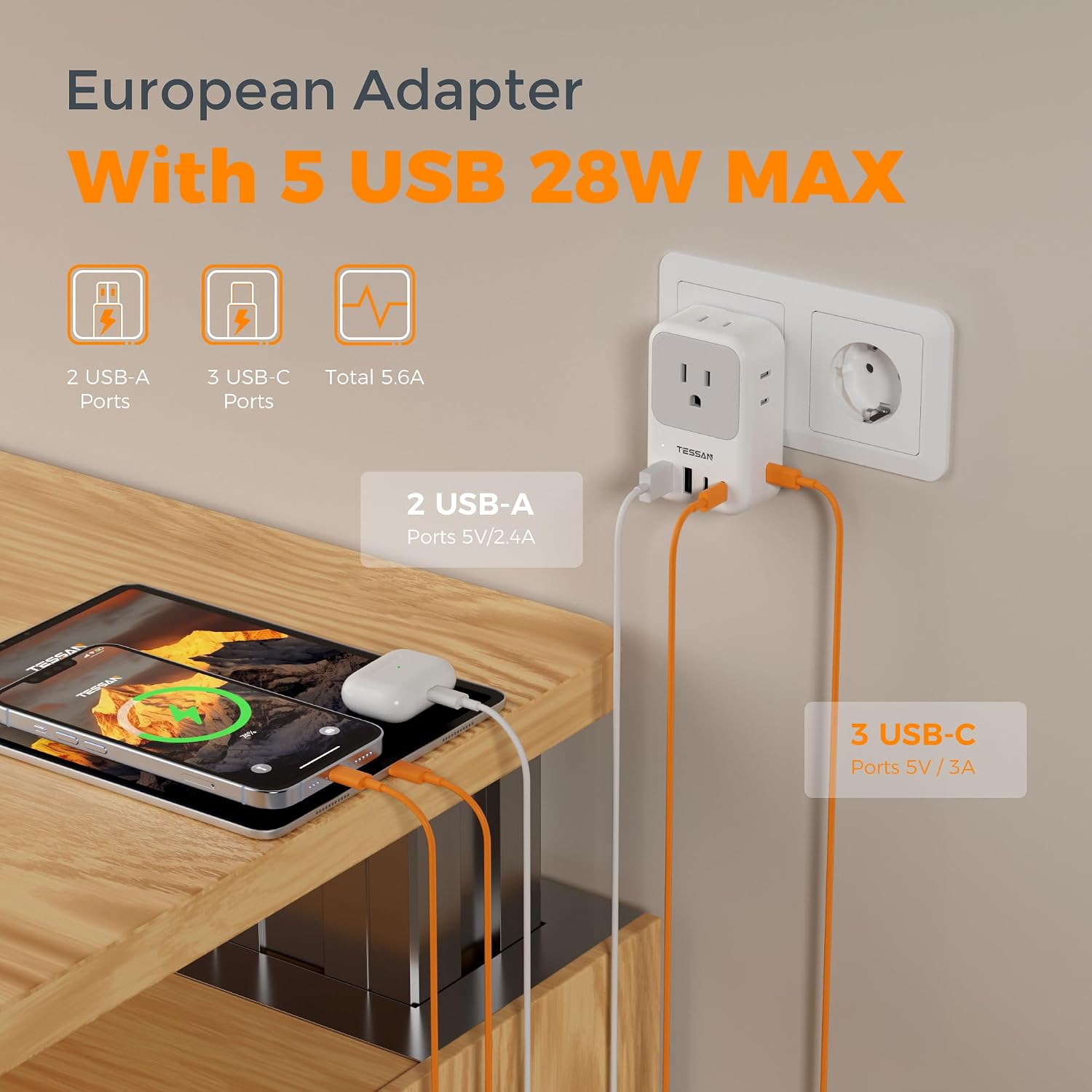 ADAPTADOR DE VIAJE EUROPEO TESSAN TYPE C CON 5 PUERTOS USB 28W - 4